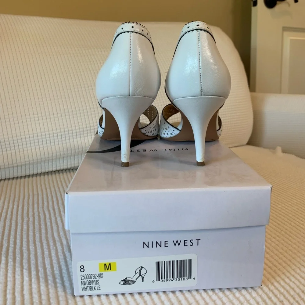 Nine West White Peep-Toe Perforated Leather Heels